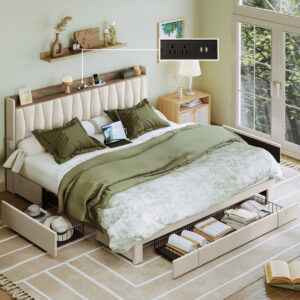Doukra Upholstered king size bed Frame with charging station with 3 Drawers, Bed with Storage Headboard